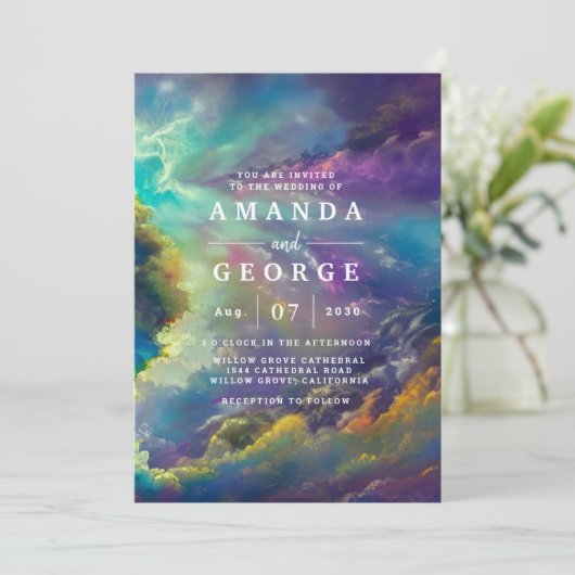 Einladung zur Hochzeit mit herrlichen lila Wolken (Stehend Vorderseite)