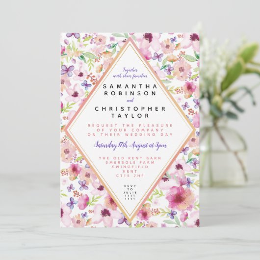 Einladung zur Hochzeit mit personalisiertem Blumen (Stehend Vorderseite)