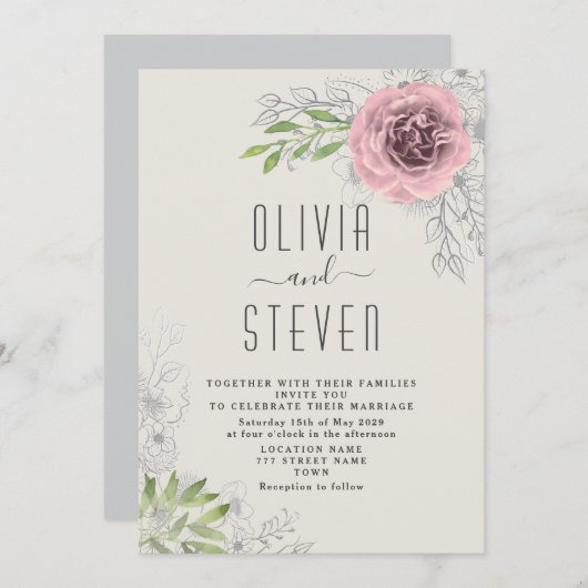 Einladung zur Hochzeit mit Vintagem Blumenrosa (Vorne/Hinten)