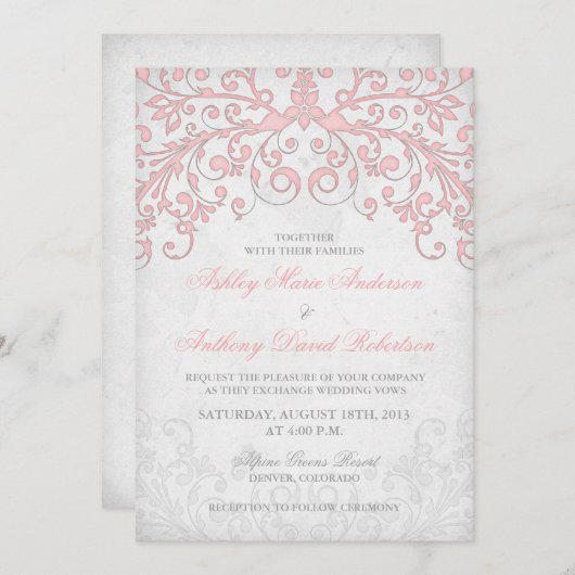 Einladung zur Hochzeit mit Vintagem Blütenrosa (Vorne/Hinten)
