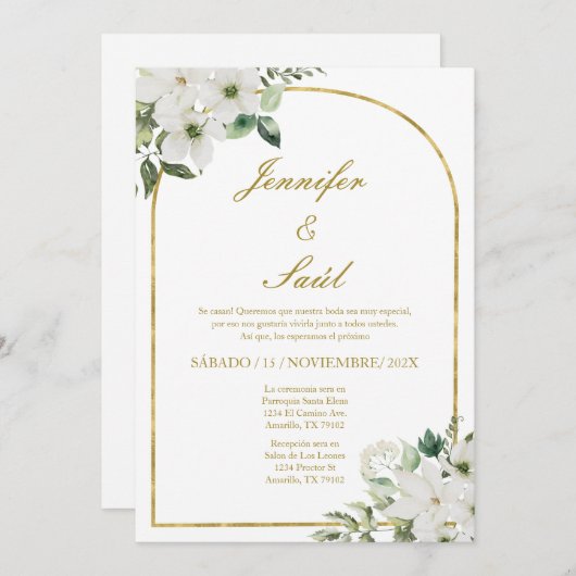 Einladung zur Hochzeit mit weißer Blume in Spanisc (Vorne/Hinten)