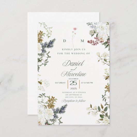 Einladung zur Hochzeit mit weißer Blume - Save the (Vorne/Hinten)