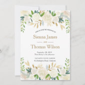 Einladung zur Hochzeit mit weißer und goldener Blü (Vorderseite)