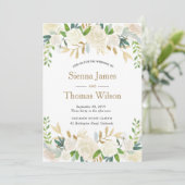 Einladung zur Hochzeit mit weißer und goldener Blü (Stehend Vorderseite)