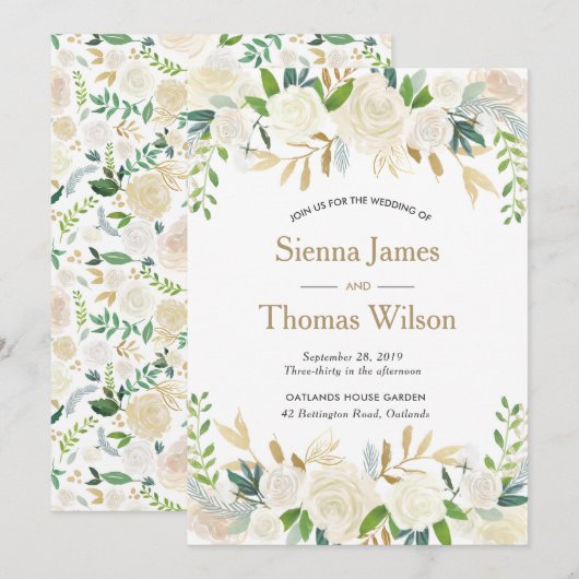 Einladung zur Hochzeit mit weißer und goldener Blü (Vorne/Hinten)