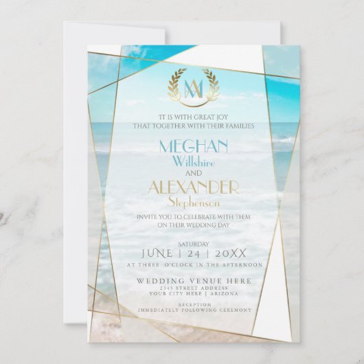 Einladung zur Hochzeit | Modern Monogram Beach (Vorderseite)