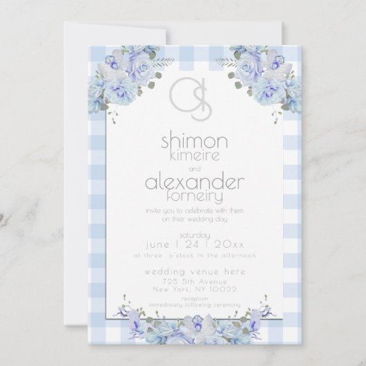 Einladung zur Hochzeit | Monogram Blue Gingham Flo (Vorderseite)