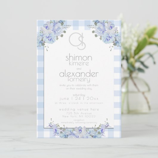 Einladung zur Hochzeit | Monogram Blue Gingham Flo (Stehend Vorderseite)