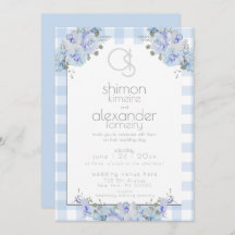 Einladung zur Hochzeit | Monogram Blue Gingham Flo