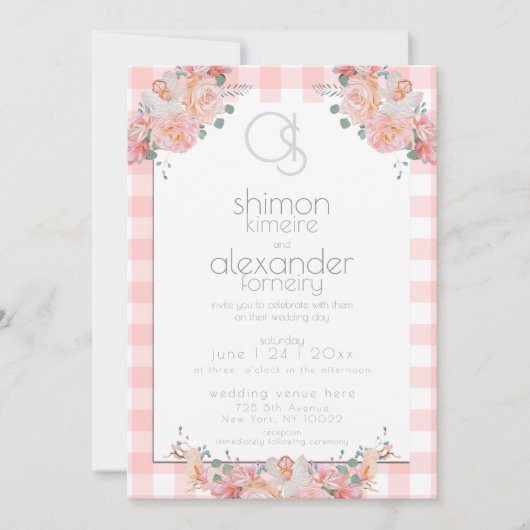 Einladung zur Hochzeit | Monogram Coral Gingham Fl (Vorderseite)