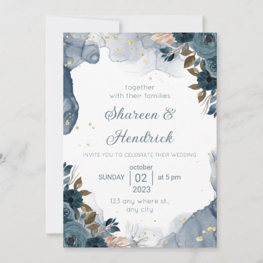 Einladung zur Hochzeit Navy Alkohol Tinte Blumenge (Vorderseite)