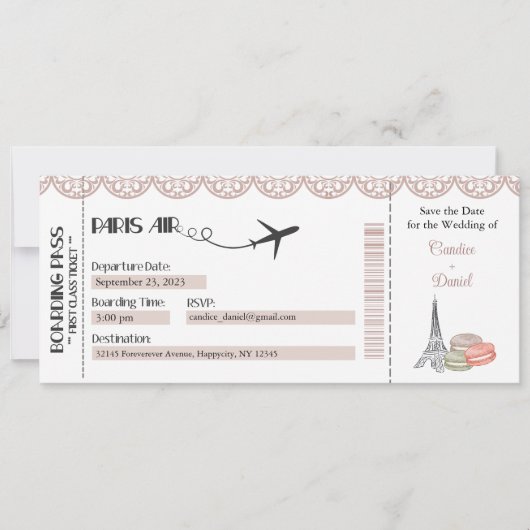 Einladung zur Hochzeit, Pariser Boarding Pass (Vorderseite)