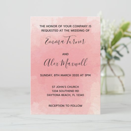 Einladung zur Hochzeit | Pink Watercolor Script (Stehend Vorderseite)