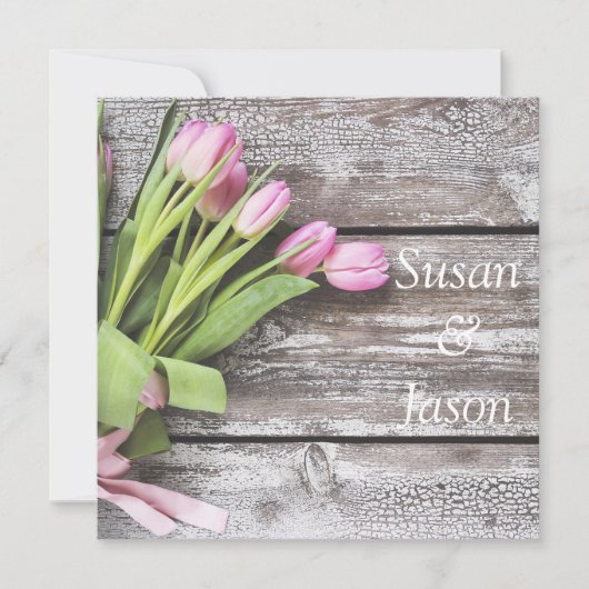 Einladung zur Hochzeit - rosa Tulips und Holz (Vorderseite)