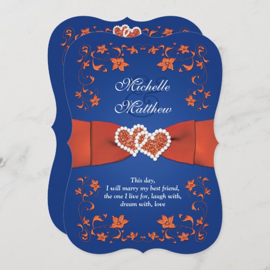 Einladung zur Hochzeit | Royal Blue Orange, Floral (Vorne/Hinten)