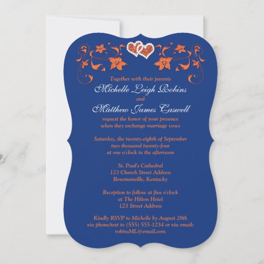 Einladung zur Hochzeit | Royal Blue Orange, Floral (Rückseite)