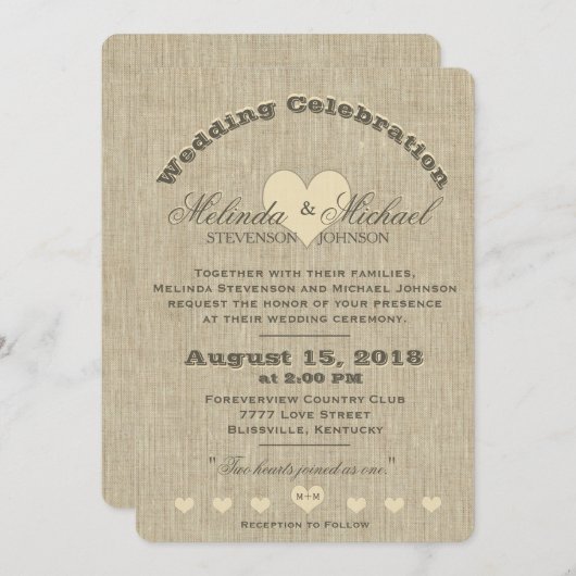 Einladung zur Hochzeit | Rustikale Linen Monogramm (Vorne/Hinten)