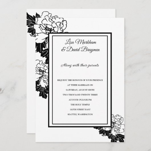 Einladung zur Hochzeit - Schwarz-Weiß-Blumen-Einla (Vorne/Hinten)