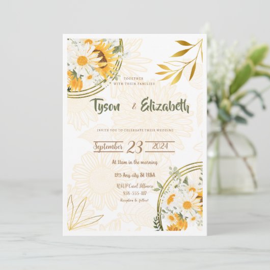 Einladung zur Hochzeit - Sonnenblumen, gelb und we (Stehend Vorderseite)