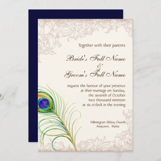 Einladung zur Hochzeit Vintage Pfauenfederhalle ge (Vorne/Hinten)