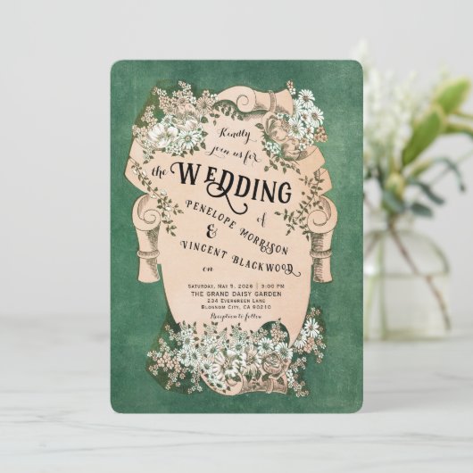 Einladung zur Hochzeit Vintager Blumenrahmen (Stehend Vorderseite)