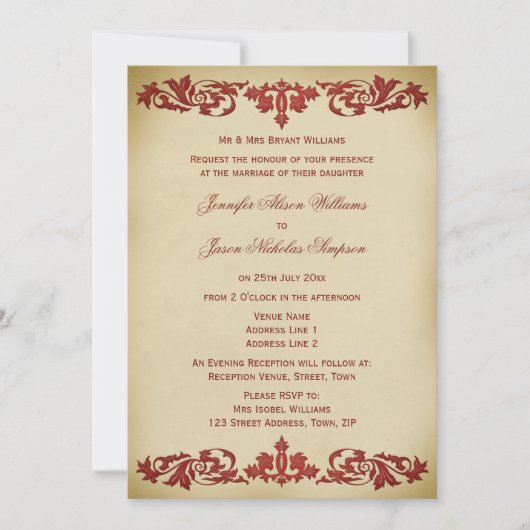 Einladung zur Hochzeit Vintager Leaf-Scroll in Bur (Vorderseite)