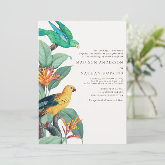 Einladung zur Hochzeit Vintager Tropenvögel (Stehend Vorderseite)