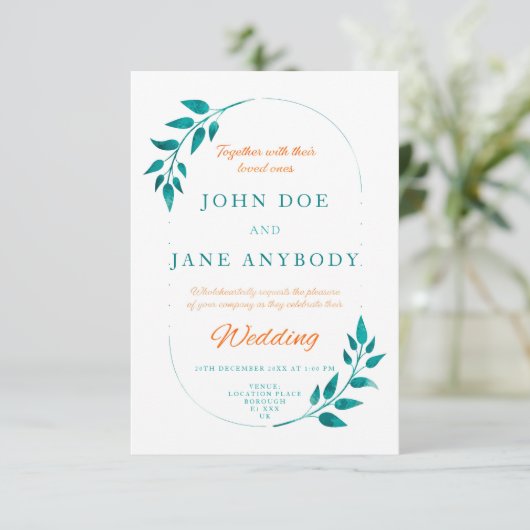 Einladung zur Hochzeit von aquamarinen und orangef (Stehend Vorderseite)