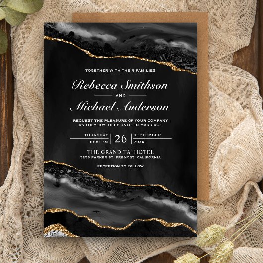 Einladung zur Hochzeit von Black and Gold Agate