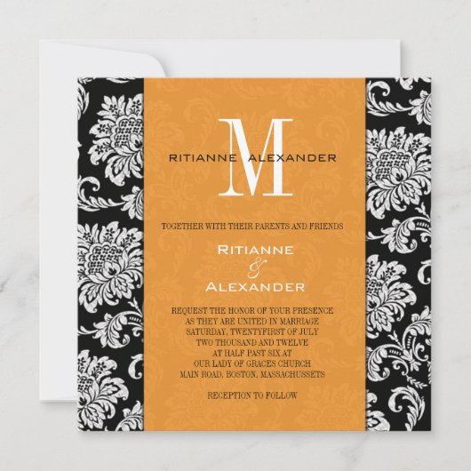 Einladung zur Hochzeit von Black Damask Orange Mon (Vorderseite)