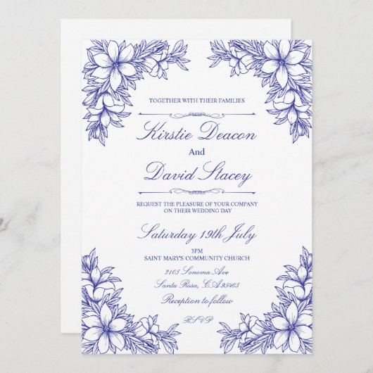 Einladung zur Hochzeit von Blauem Verziertem Blume (Vorne/Hinten)