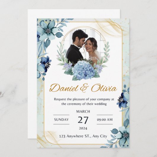 Einladung zur Hochzeit von Blauen und Weißen Blume (Vorne/Hinten)