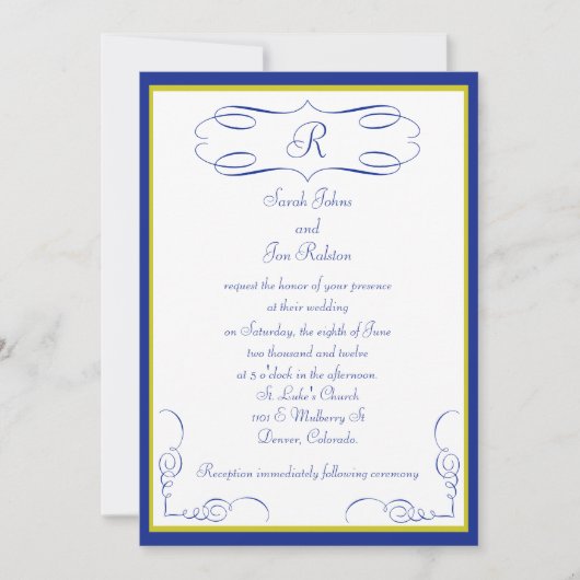 Einladung zur Hochzeit von Blue Gold Monogram (Vorderseite)