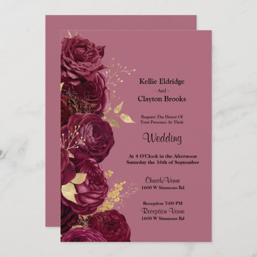 Einladung zur Hochzeit von Burgund und Gold (Vorne/Hinten)