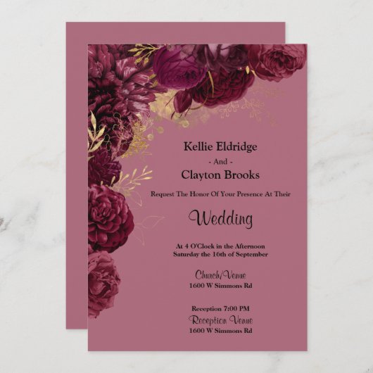 Einladung zur Hochzeit von Burgund und Gold (Vorne/Hinten)