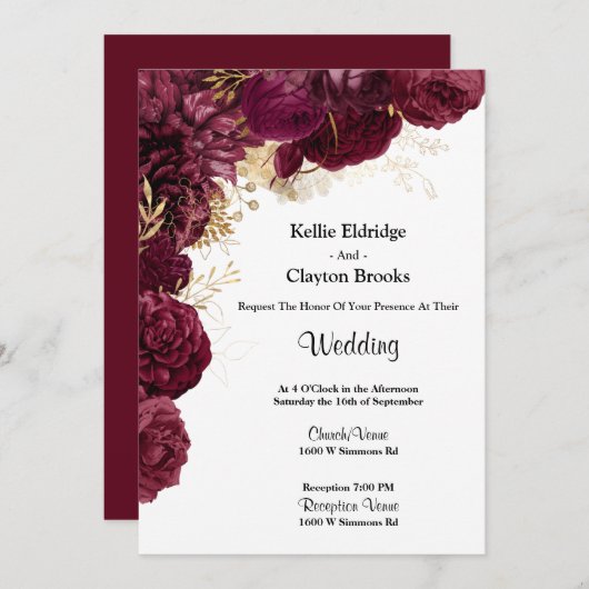 Einladung zur Hochzeit von Burgund und Gold (Vorne/Hinten)