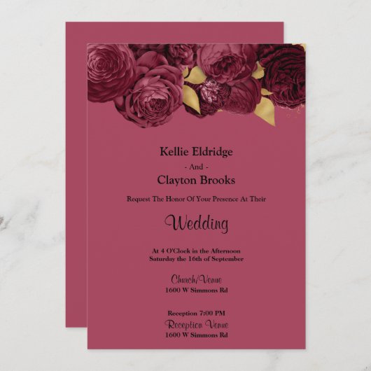 Einladung zur Hochzeit von Burgund und Gold (Vorne/Hinten)