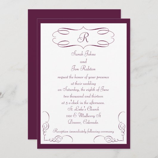 Einladung zur Hochzeit von Burgundy Monogram (Vorne/Hinten)
