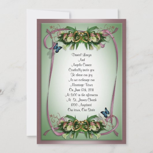 Einladung zur Hochzeit von Calla Lilien und Schmet (Vorderseite)