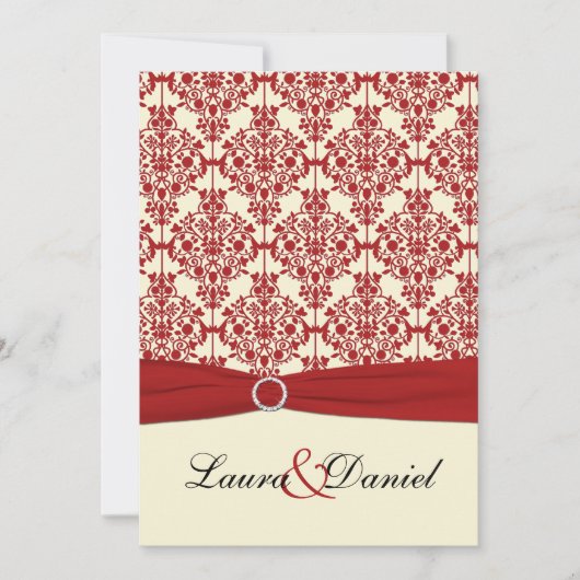 Einladung zur Hochzeit von Creme und Red Damask (Vorderseite)