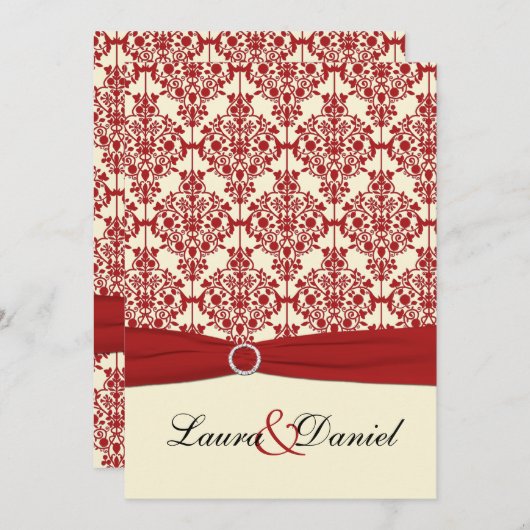 Einladung zur Hochzeit von Creme und Red Damask (Vorne/Hinten)