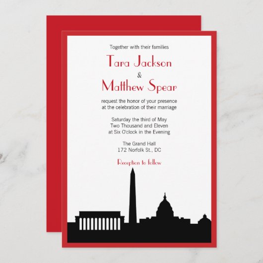 Einladung zur Hochzeit von DC Skyline - Rot (Vorne/Hinten)