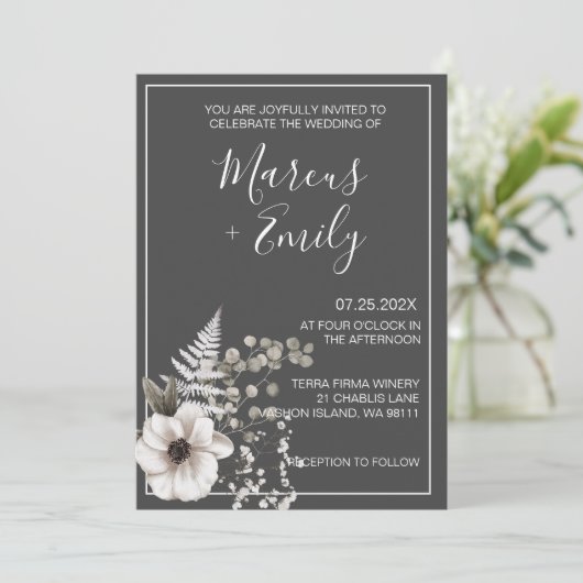 Einladung zur Hochzeit von dunkelgrauen und weißen (Stehend Vorderseite)