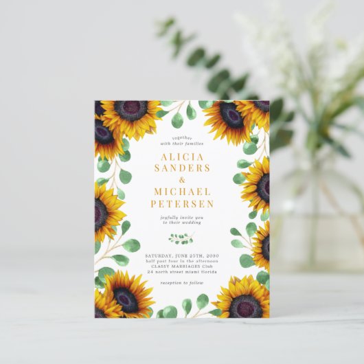 Einladung zur Hochzeit von Eukalyptus-Sonnenblumen (Stehend Vorderseite)