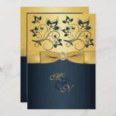 Einladung zur Hochzeit von Gold, Navy Floral Monog (Vorne/Hinten)