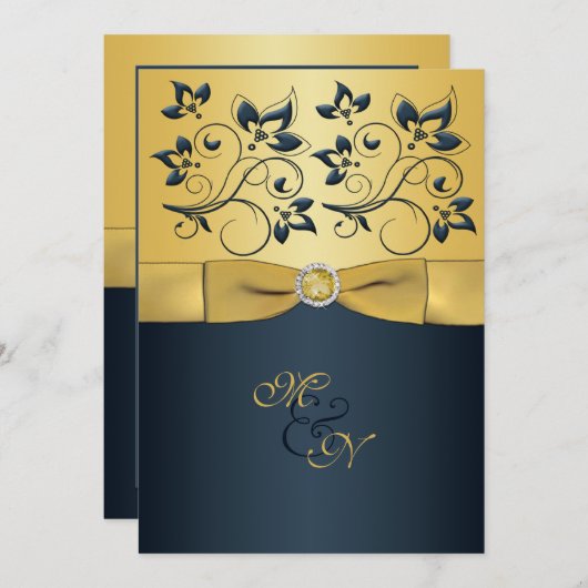 Einladung zur Hochzeit von Gold, Navy Floral Monog (Vorne/Hinten)
