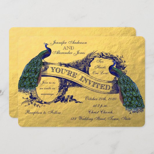 Einladung zur Hochzeit von Gold Peacock (Vorne/Hinten)