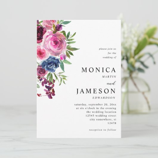 Einladung zur Hochzeit von heißen rosa und blauen (Stehend Vorderseite)