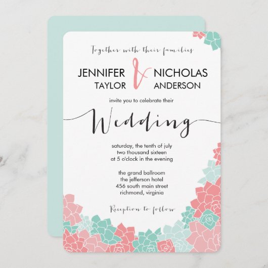 Einladung zur Hochzeit von Korallen und Minze-Blum (Vorne/Hinten)