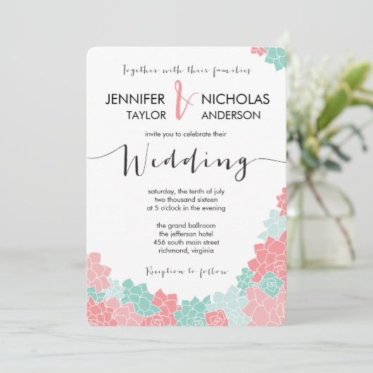 Einladung zur Hochzeit von Korallen und Minze-Blum (Stehend Vorderseite)